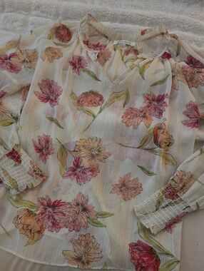 Rose + Olive Sheer Floral Peasant Blouse - Cream with Pink & Peach Flowers